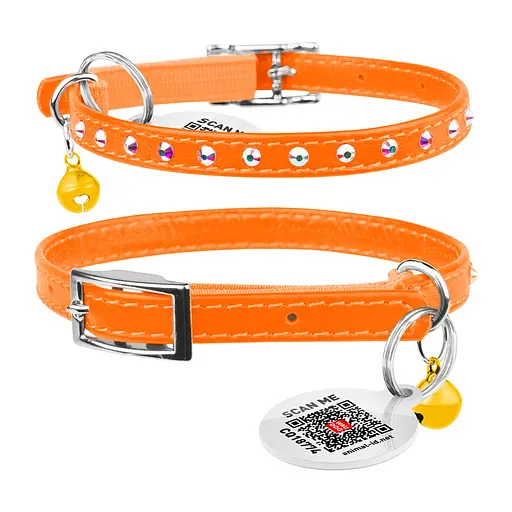 Ошейник Waudog Glamour с резинкой клеевыми стразами для кошек (ширина 9мм длина 22-30см) оранжевый