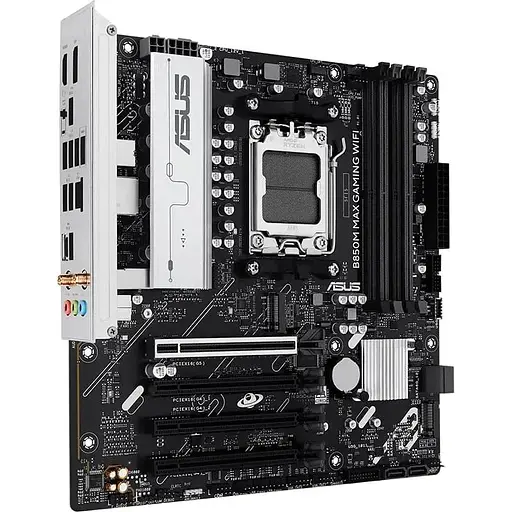 Материнская плата Asus AM5 B850M MAX Gaming WIFI, B850, 4xDDR5, Int.Video (CPU), 4xSATA3, 3xM.2, 1xPCI-E 5.0 x16, 3xPCI-E 4.0 x16, Realtek 7.1, Realtek 1Gb, WiFi 6, Bluetooth 5.3, 7xUSB 3.2 / 7xUSB 2.0, HDMI/DP, MicroATX - фото 3