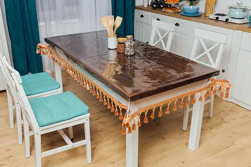 Скатерть силиконовая с персиковой бахромой 340х100 см - фото 2