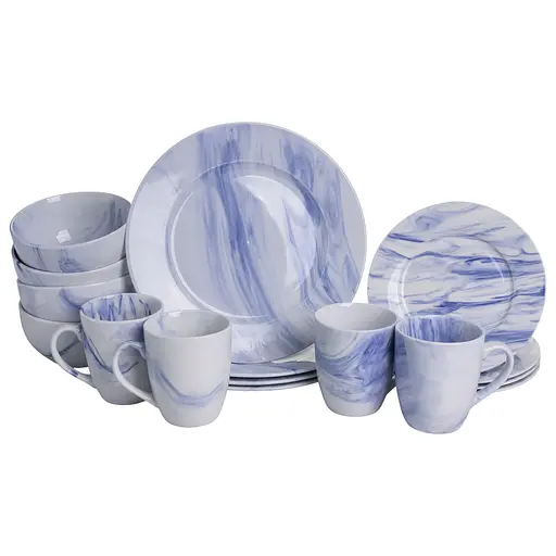 Столовый набор посуды тарелок и чашек 16 предметов на 4 персоны Marble Clara фарфоровый, обеденный столовый сервиз тарелок Синий Yiwu MD-16-3B
