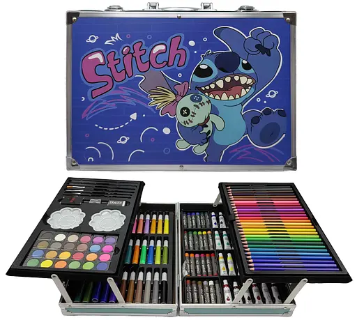 Набор для рисования Стич, 145 предметов, 4 отдела, в алюминиевом чемодане, 145-C