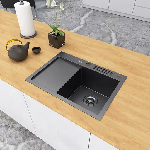 Кухонная мойка черная с левым крылом Nett NB-6045(L), Черный - фото 5