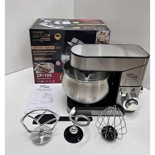 Стационарный миксер тестомес Zepline ZP-105 с металлической чашей планетарное вращение 6л 3500Вт Серебряный - фото 7