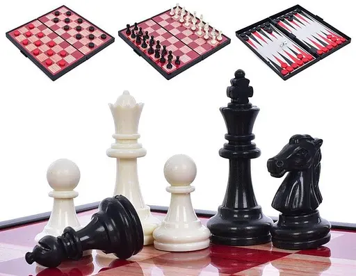 Ігровий набір 3в1 магнітні шахи шашки нарди METR+ 9831N подарунковий набір в коробці Червоний/Чорний - фото 1