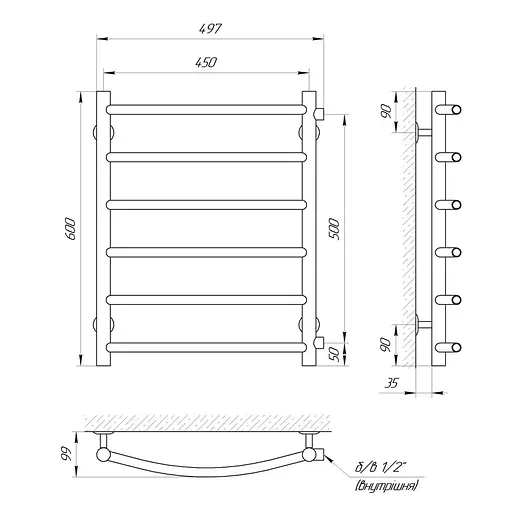 Водяна рушникосушка Laris Класік П6 450x600 бокове підключення 71207280, Хром - фото 2
