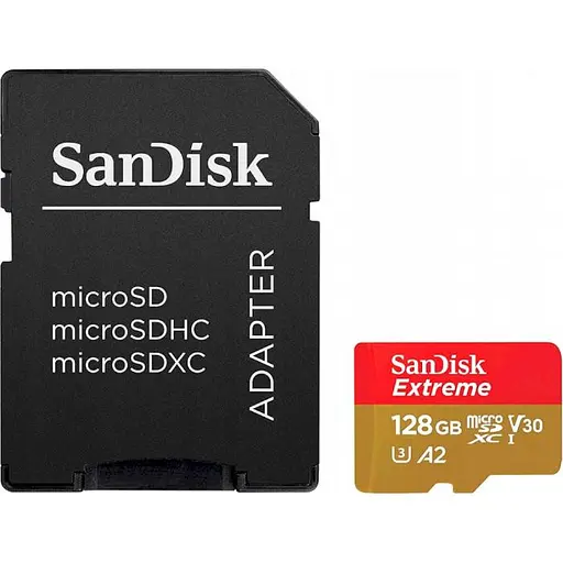 Карта памяти Sandisk 128GB microSDXC Extreme for Action Cams and Drones + SD Adapter + 1 year Rescue (SDSQXAA-128G-GN6AA) - фото 1