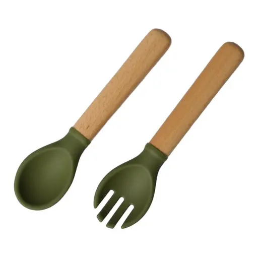 Приборы силиконовые детские OldBro ложка и вилка с деревянной ручкой, olive - фото 1