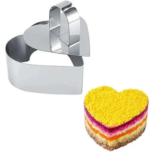 Форма кулінарна з виштовхувачем у формі серця для викладання/вирубки мусів, салатів і гарнірів із нержавіючої сталі 8 х 8 см Сріблястий 88070 - фото 1