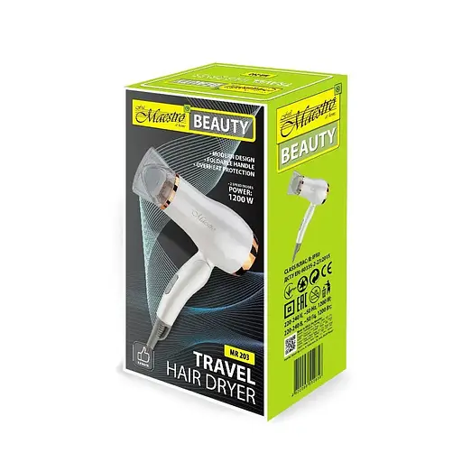 Маленький дорожній складний міні фен Gemei Maestro MR-203 для сушіння укладання волосся компактний електрофен 1200 Вт - фото 4