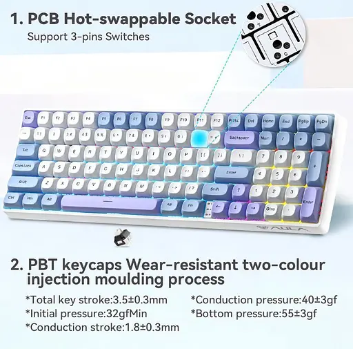 Клавіатура ігрова Aula S-100 PRO Wireless White-Blue ENG/UKR Red Switch Hot-Swap USB, 2.4G, Bluetooth - фото 11