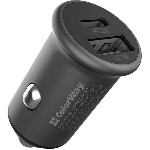 Автомобильное зарядное устройство для ColorWay Type-C PD20W + USB QC3.0 38W Gray