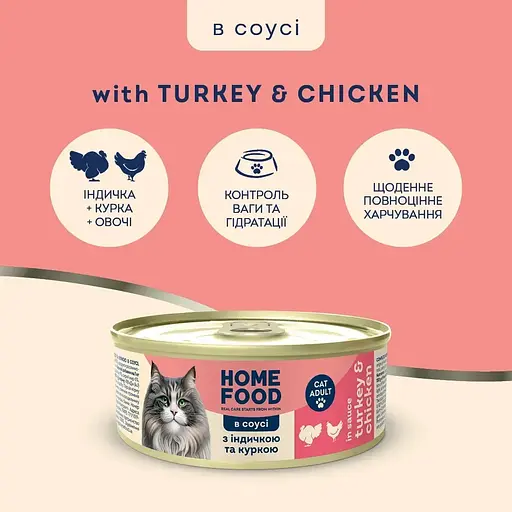 Повнораціонний консервований корм Home Food для дорослих котів з індичкою та куркою в соусі 85 г - фото 2