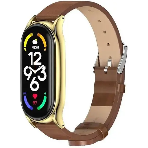 Кожаный ремешок MiJobs для фитнес-браслета Xiaomi Mi Band 5 и 6 Type С коричневый, держатель - золотистый