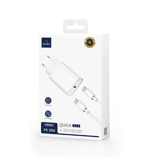 Мережевий зарядний пристрій Wiwu Wi-U001 Type C 20 PD charger set with EU Plug Type C to Type C Білий - фото 2