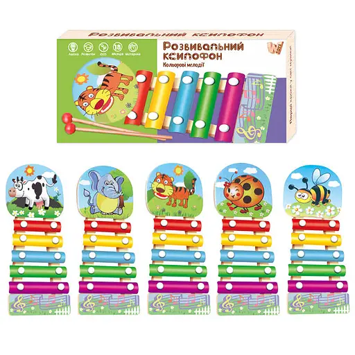 Ксилофон WToys, 18904, дерев’яна основа, 5 металевих пластин, молоточки (В асортименті) - фото 3