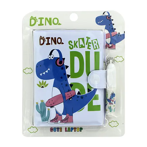 Блокнот на кнопке ПВХ с ручкой-брелоком Динозавр, 8x10 см, 45 листов (в ассортименте)