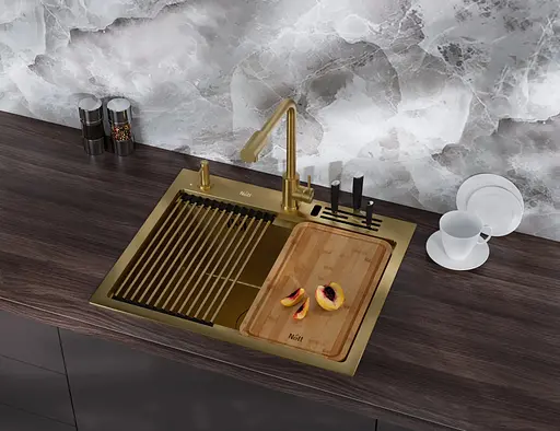 Кухонная мойка золотая из нержавеющей стали 1.5 мм многофункциональная Nett NG-5747, Золотой - фото 5