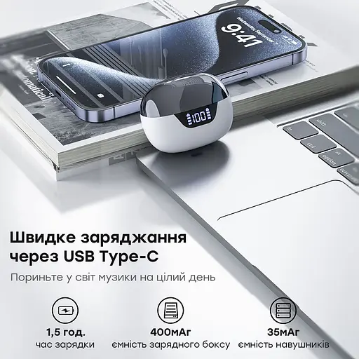 Бездротові навушники Choetech BH-T60 White TWS, Bluetooth 5.3, ANC+ENC, LED-дисплей (43-00135) - фото 10