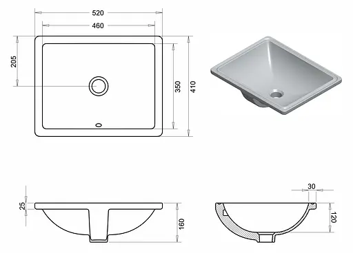 Умивальник врізний під стільницю Imprese прямокутний 41x52x16 см white c06900103SQ, Білий - фото 2