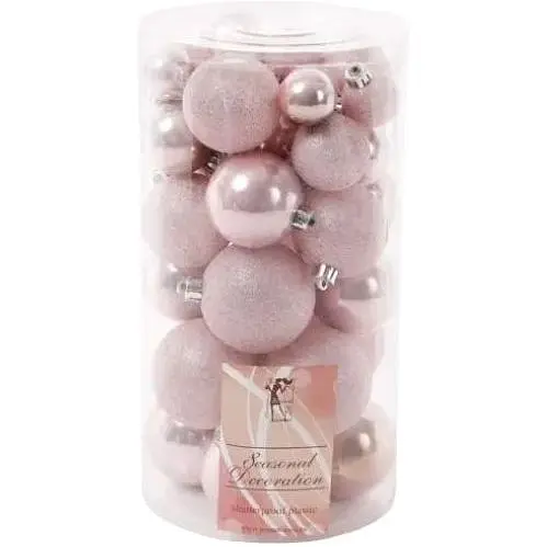 Набір ніжно розових ялинкових куль 40 шт 3 см 4 см 5 см 6 см з гліттером та перламутром пластикові у прозорій тубі - фото 1