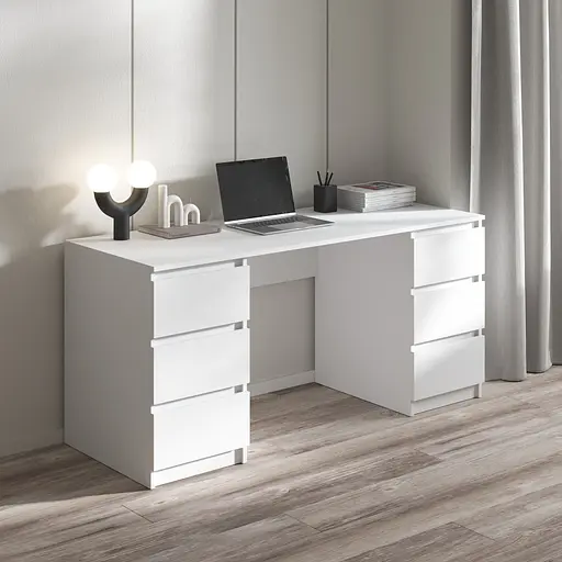 Компьютерный стол Vays R-2 Белый, письменный с 2 тумбами, 6 ящиков без ручек, ЛДСП 160×60×75 см - для дома, офиса, учебы