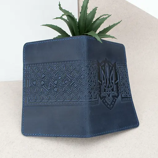 Обложка на паспорт кожаная с гербом HC0075 синяя - фото 2