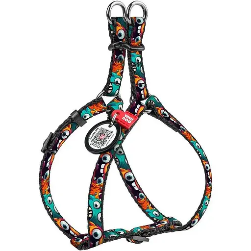 Шлея для котів та дрібних порід собак Waudog Nylon з QR паспортом, малюнок "Зубасті монстри", пластиковий фастекс, XS