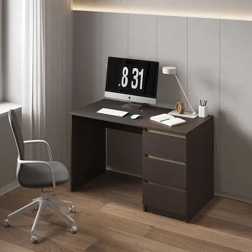 Компьютерный стол Vays, письменный, современный, с тумбой cправа, 3 ящика з фасадами без ручек R-1 Венге Темный-Дуб Сонома планки