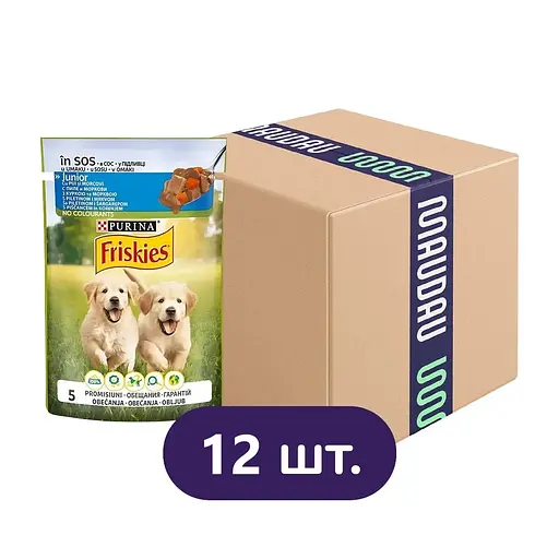 Вологий корм для цуценят Friskies Junior шматочки у підливці з куркою та морквою 1.02 кг (12 шт. х 85 г) - фото 1