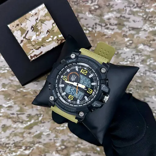 Наручний годинник чоловічий 012BKKHUASI Тризуб срібло Чорні з хакі. + Коробка Patriot acs0031008 - фото 3