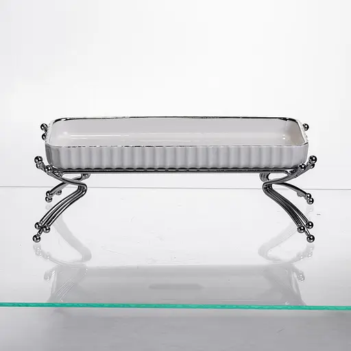 Фарфоровое сервировочное блюдо на металлической подставке 37×18×5 (см) блюдо для подачи закусок Белый с серебром Yiwu LB-1566S - фото 2