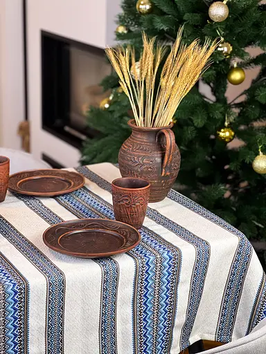 Лляна скатертина різдвяна з українським орнаментом "Рандеву синій" - 260х150 см