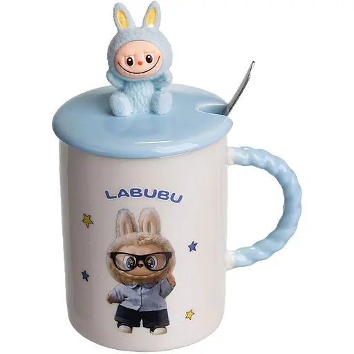 Чашка порцелянова Yiwu Labubu 300 мл з кришкою і ложкою блакитний Yiwu FM-35B