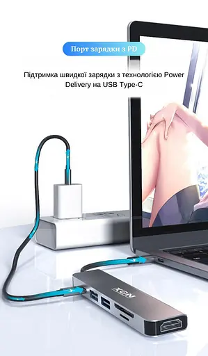 USB-хаб XON SmartHub 6 в 1 (HDMI, SD/TF, Type-C, 2xUSB3.0) Сірий (UHCHP063300G 5153) - фото 3