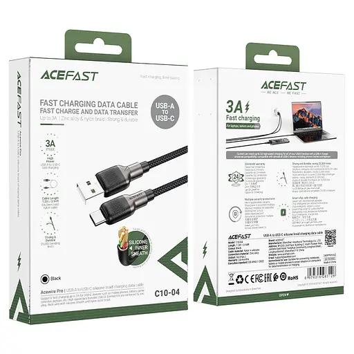 Кабель ACEFAST C10-04 USB to Type-C 3A, 1.2m, silicone, zinc connectors, Black - фото 2