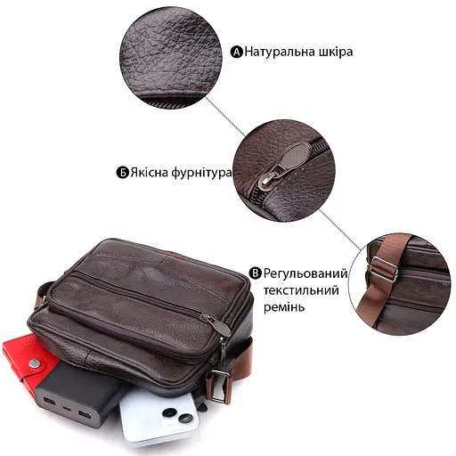Горизонтальна зручна сумка з ручкою для чоловіків із натуральної шкіри Vintage 20х17х8 см sum0027476 - фото 4