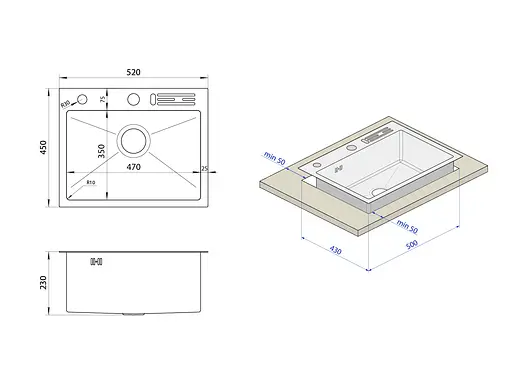 Кухонна мийка накладна 1.5 мм із нержавіючої сталі 45 см Nett NS-5245, Нержавіюча сталь - фото 12