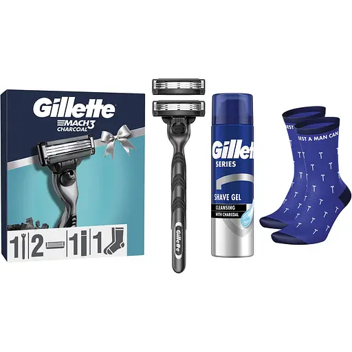 Подарочный набор Gillette: станок для бритья мужской Gillette Mach3 Charcoal с 2 сменными картриджами + гель для бритья Gillette Series Очищающий с углем 200 мл + Носки