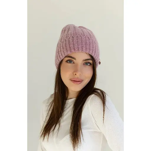 Теплая женская шапка Ангора Рейчел двухслойная с брошью Розовый - фото 1