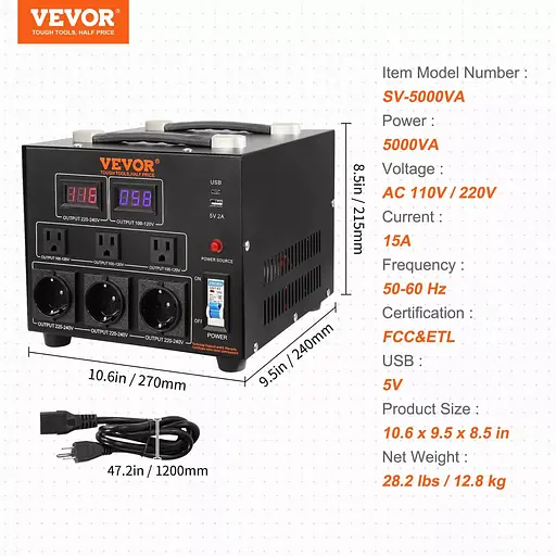 Перетворювач напруги VEVOR ST-5000VA 5000W 110V/220V - фото 6