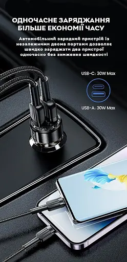 Зарядное устройство для автомобильного прикуривателя Toocki 60W (1 Type-C 30w + 1 USB 30w), Black Transparent - фото 4