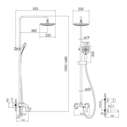 Душевая система с изливом Imprese Kucera верхний душ 220x220 мм ABS black matt t030B03410SR, Черный матовый - фото 2