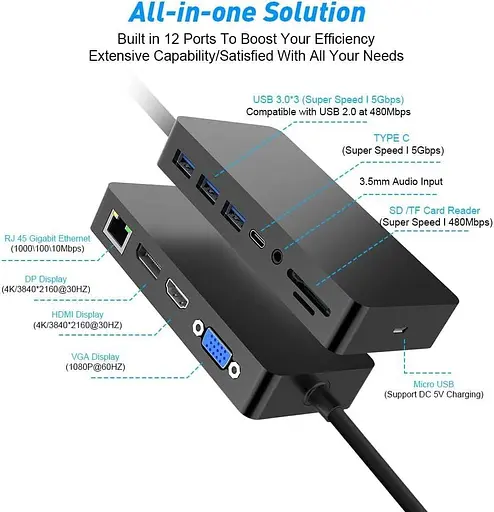 Док-станція Surface Pro для 4/5/6 USB Hub Dock Station з портом Gigabit Ethernet, портом VGA дисплея 4K HDMI DP, портами 3xUSB 3.0 - фото 3