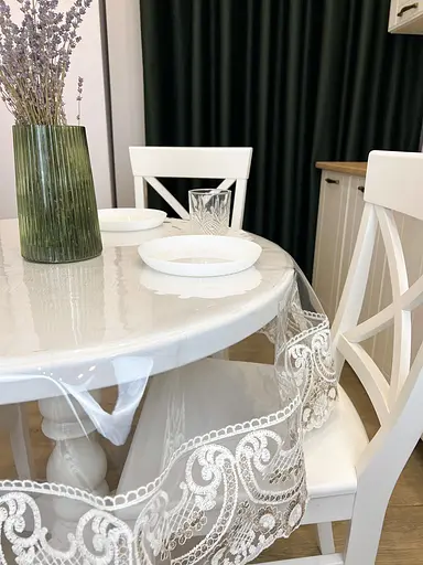 Силіконова скатертина з біло-кавовим мереживом Арка 15 см 150х150 см - фото 5