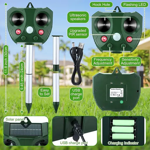 Qualirey 2 Pack Солнечный ультразвуковой репеллент от животных, USB-репеллент для кошек Открытый подвесные устройства для сдерживания - фото 3