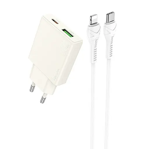 МЗП Hoco N45 Biscuit PD30W+QC3.0 (1USB-A/1C) + кабель Type-C to Lightning Moonlight white