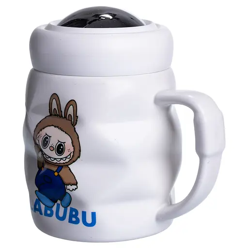 Чашка фарфоровая Yiwu Labubu 400 мл с крышкой белый с синий Yiwu FM-54A - фото 3