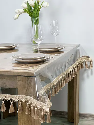Скатерть силиконовая с бежевой бахромой 280х130 см - фото 2