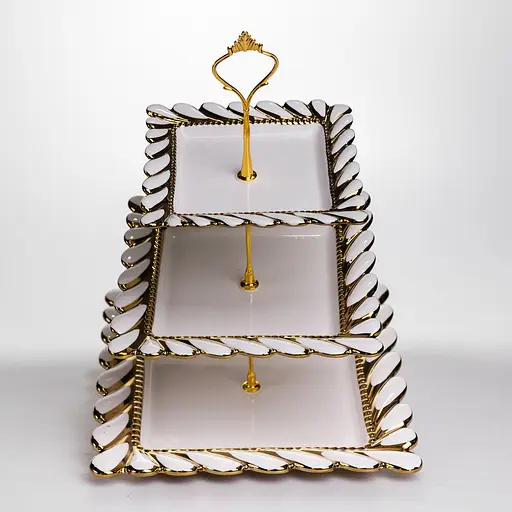 Фруктовница квадратная Yiwu Tiffany трехярусная для сервировки фруктов и сладостей 25х25х34 см фарфоровая стойка для закусок белая ML2083 - фото 5