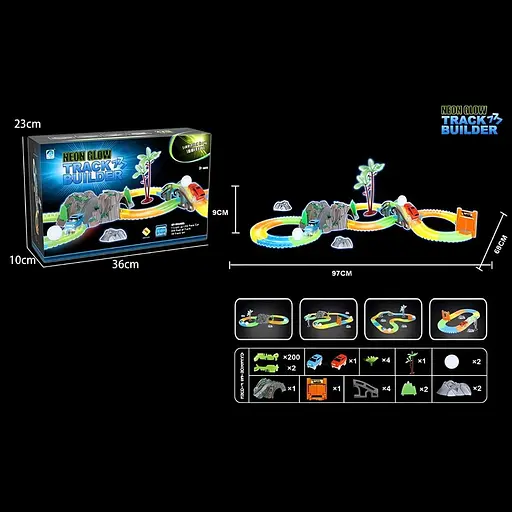 Трек 777-133, 200 деталей, неоновый трек с подсветкой, машинка на батарейках - фото 3
